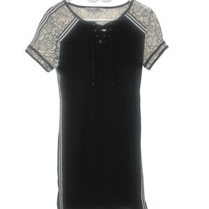 Lace-Up Neck Sheer Sleeves Striped Trim Bodycon Dress Size M